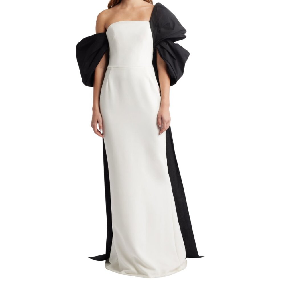 Marchesa Notte Strapless Column Gown Asymmetrical Bow Cape  Womens 2 Black Cream